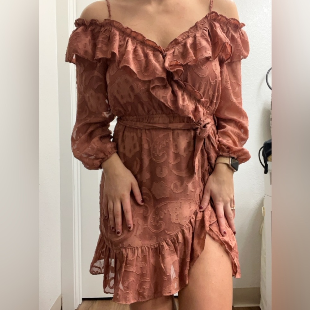 One-Shoulder Ruffle Wrap Dress in Rust - Picture 2 of 5
